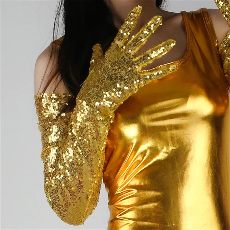 Sequin Long Gloves Female 70cm Embroidery blingbling Lace Guaze Women Dress Long Gloves Touchscreen Gold Color WWS42