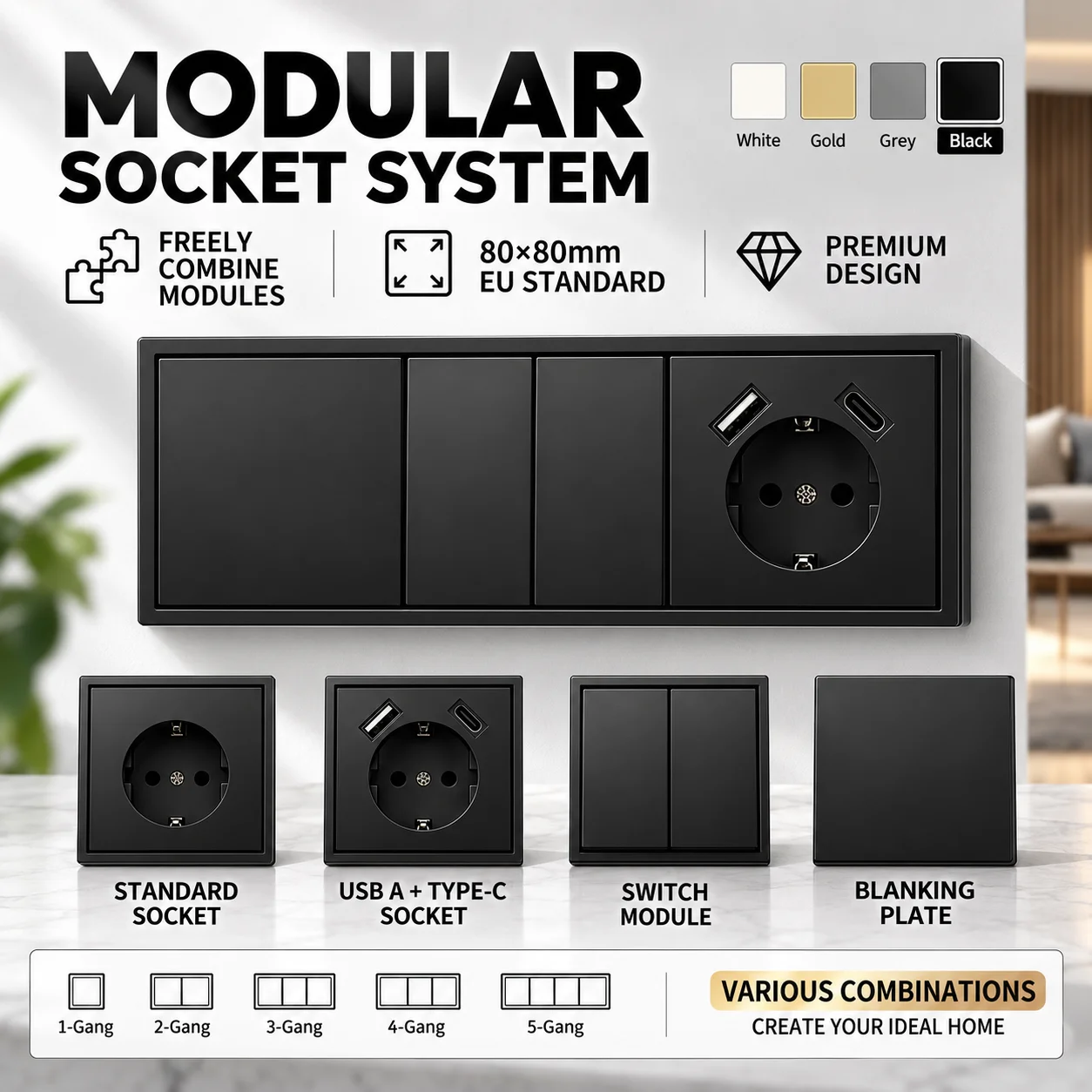 Luxury Modular Schuko Socket 80x80mm EU Wall Outlet USB Type C Charging Switch Combination Panel Black European Standard