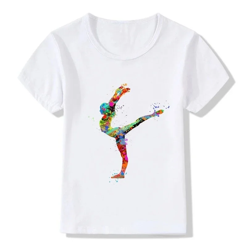 Children\'s Fashion Design Ballet Print Children\'s Short Sleeve T-shirt Girls\' White Base Shirt Girls Boys Clothes