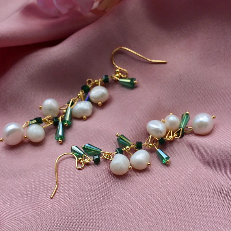 New Arrival Trendy Green Crystal & Natural Freshwater Pearl 14K Gold Filled Female Tassels Drop Earrings Jewelry For Women Gifts