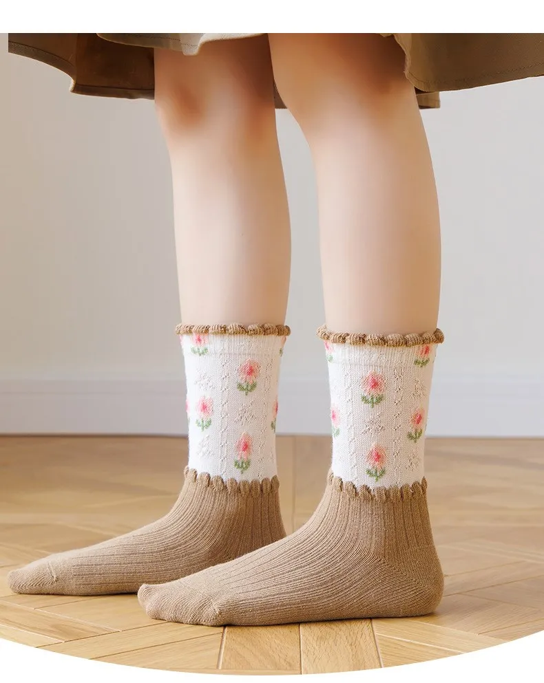 5 Paar Frühlings-Herbst-Socken für Mädchen, braun, kariert, Baumwollsocken, Mädchen, Baby, Jungen, Kinder, weiche Calcetines – Detail 7
