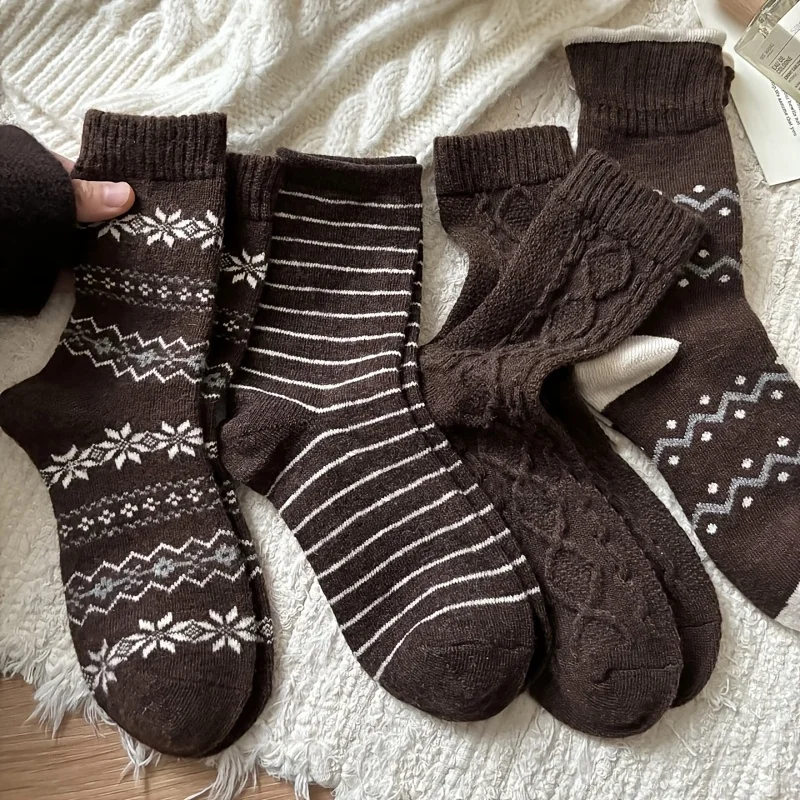 4 Pairs Women'S Vintage Brown Mid-Calf Socks with Snowflake, Cable, Or Stripe Patterns. Perfect for Fall And Winter