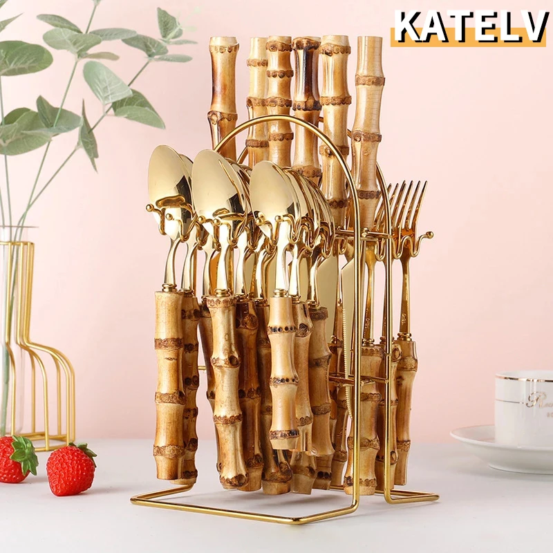 

24Pcs Natural Bamboo Tableware Set With Cutlery Rack 304 Stainless Steel Knife Fork Spoon Cutlery Set Flatware Set With Gift Box