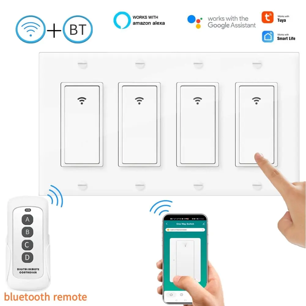 15A US Wifi Bluetooth Double Mode Smart Wall Switch Lights 3/4Way Wireless Button Switch Light Tuya APP Compatible with Alexa