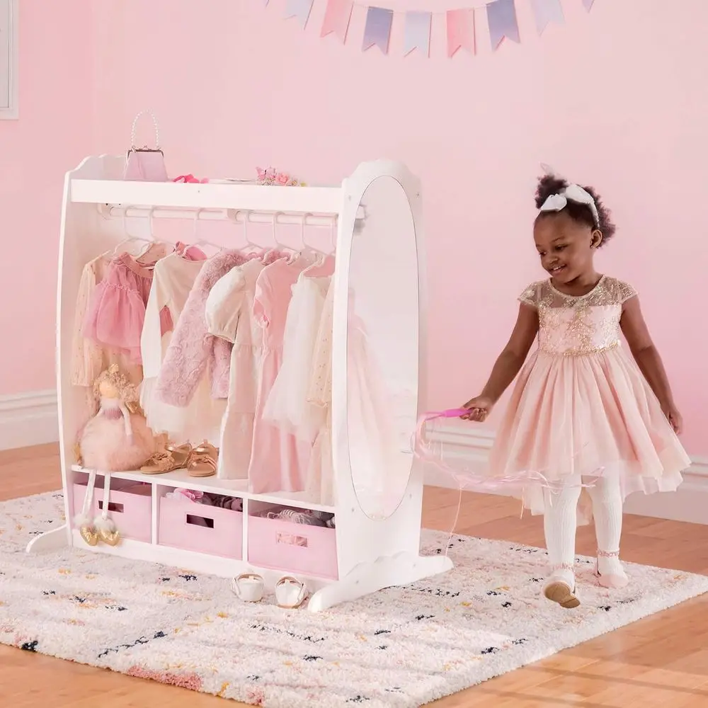 Dress Up Storage – Blanco: Armario de disfraces para juegos de rol con espejo y bandeja para niños pequeños - Armario infantil, cómoda con almacenamiento de tela