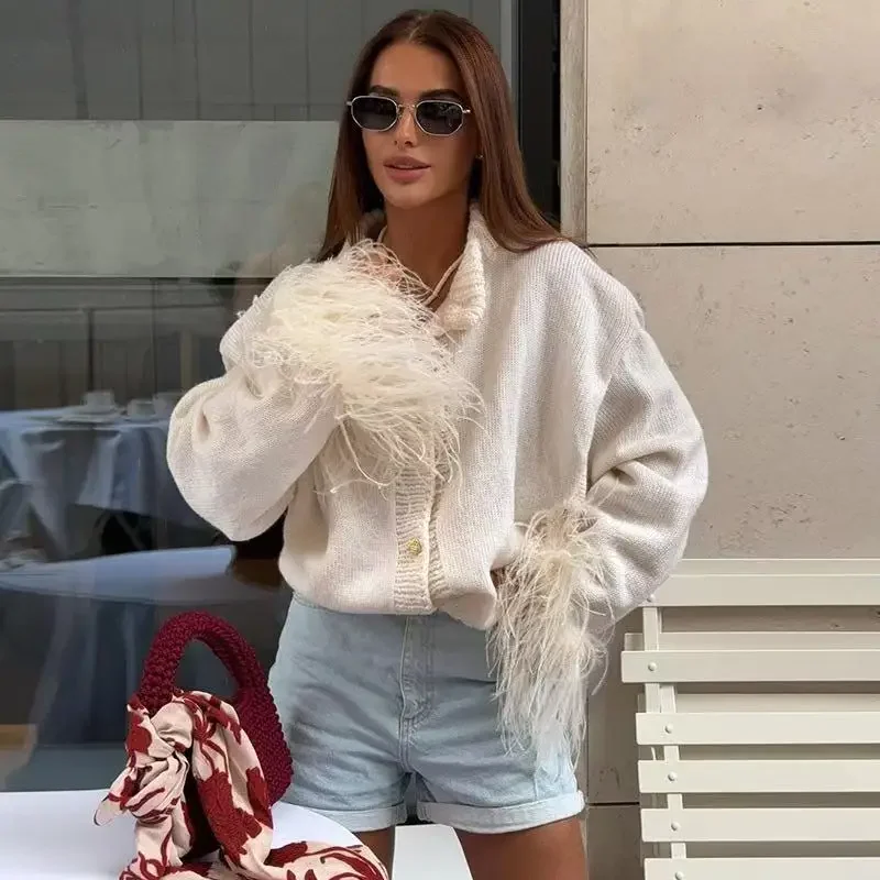 2025 Feather Patchwork Knitted Cardigan Women Fashion Long Sleeve Single Breasted Short Loose Sweater Coats Elegant Street Tops