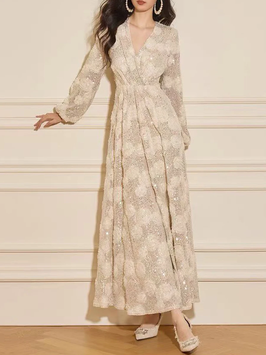 VGH فستان وردي ثلاثي الأبعاد مثير للنساء بياقة على شكل V وأكمام طويلة مرقع ترتر للتخسيس والحفلات المسائية فساتين طويلة موضة نسائية