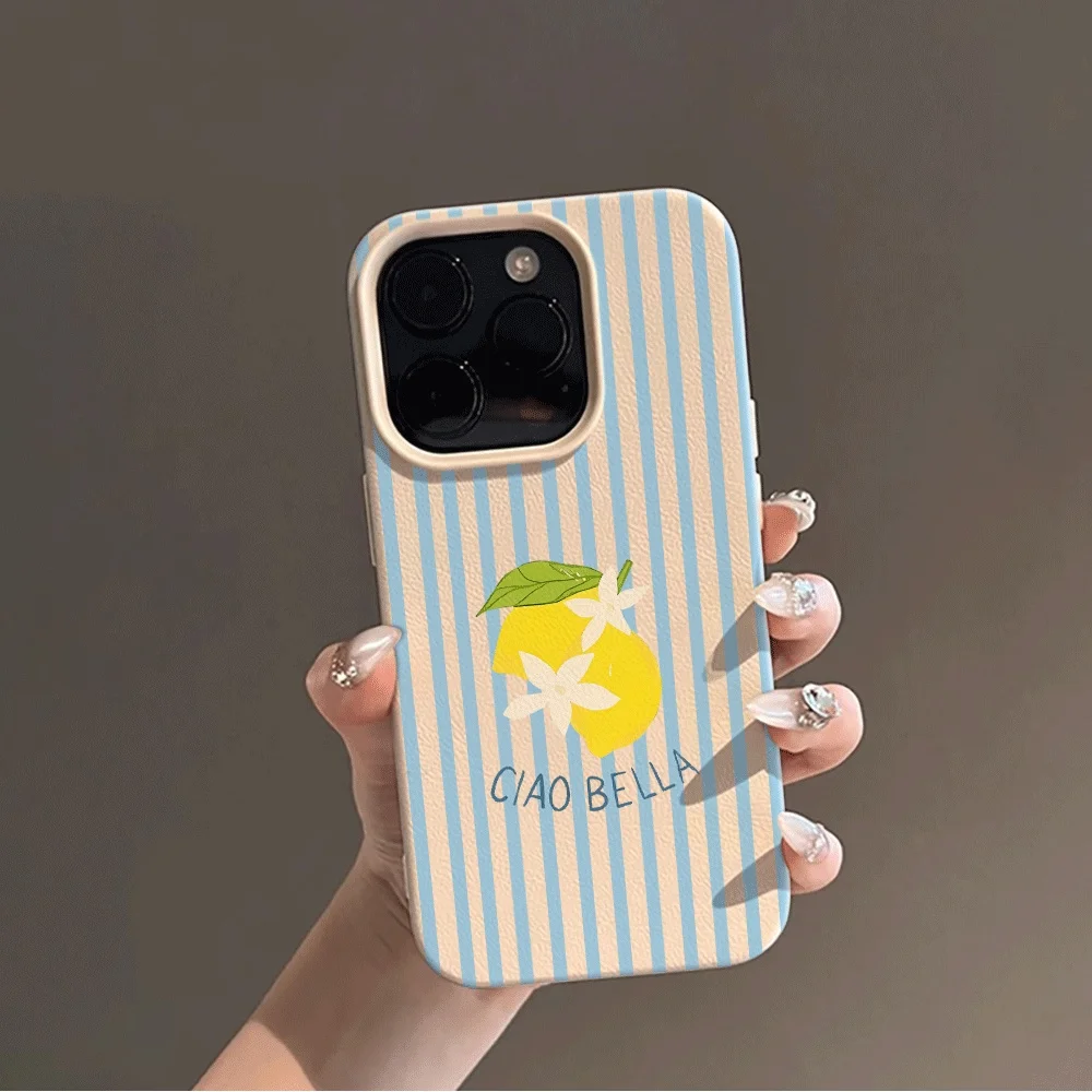 Koreanischer Stil Blaue Streifen Zitronen-Print Handyhülle für iPhone 17 16 15 14 13 12 11 Pro Max Plus 17 XR Silikon Matt Weiche Hülle – Detail 4