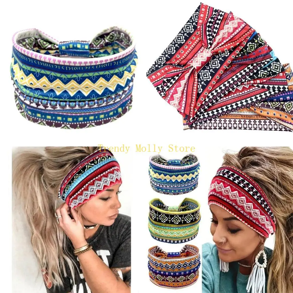 

N5KB Эластичная повязка на голову для женщин, спортивная этническая повязка для волос, нескользящие повязки на голову для