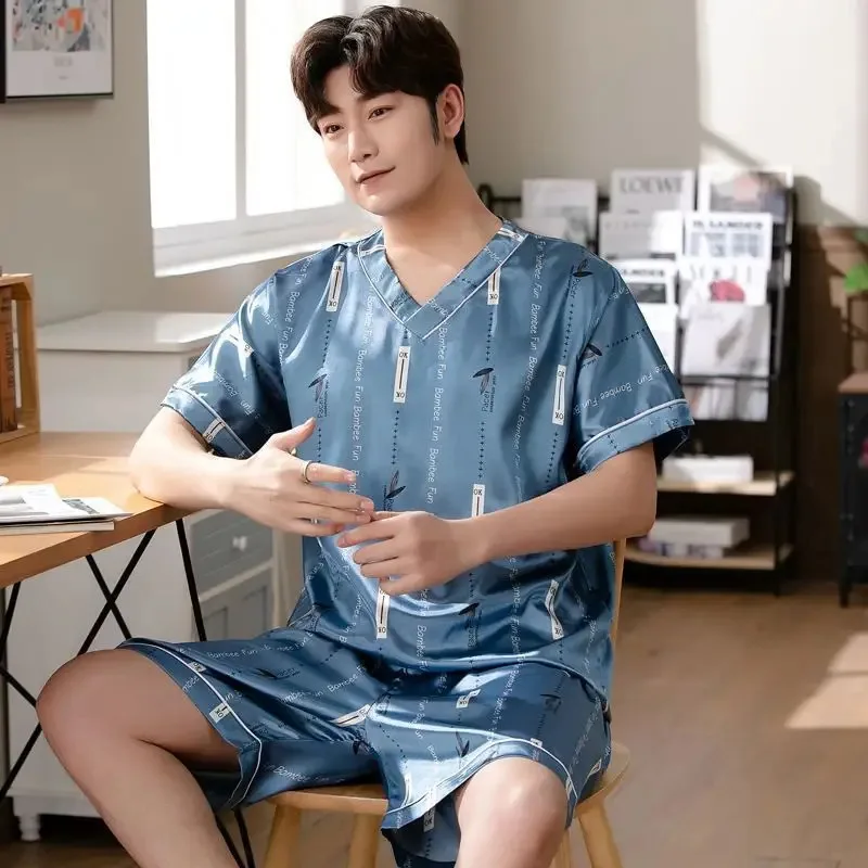 Pajamas Men Ice Silk Thin Short-Sleeved Two-Piece Suit Korean Version of the Loose Large Size Men Home Clothing with Letters