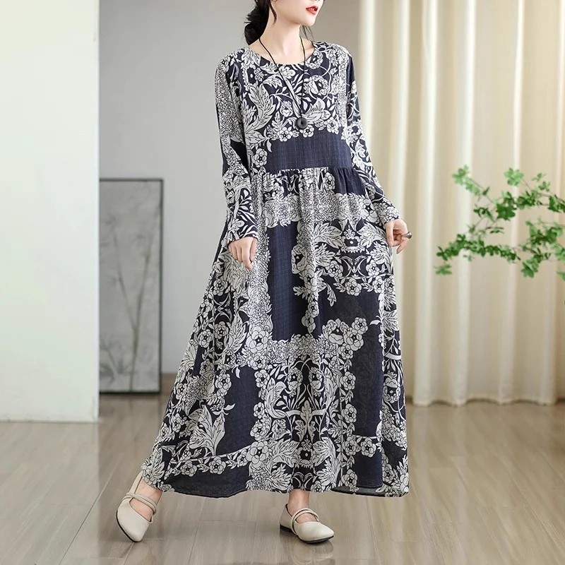 

Ранняя осень, стиль отпуска, дорожное длинное платье с круглым вырезом в стиле ретро, 2025 г., повседневное хлопковое и льняное платье с длинными рукавами W211