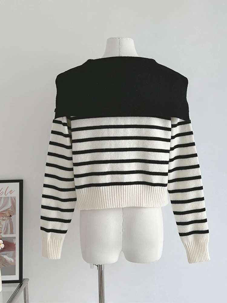 Autumn Winter Woman French Vintage Sailor Collar Striped Cardigan Sweater Long Sleeve Preppy Knitwears Old Money 2000s Aesthetic