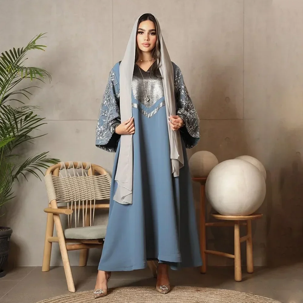 

Eid Mubarak Abaya Sequin Patchwork Satin Maxi Dress Muslim Women Dubai Djellaba Jalabiya Kaftan Islam Clothing Femme Vestidos