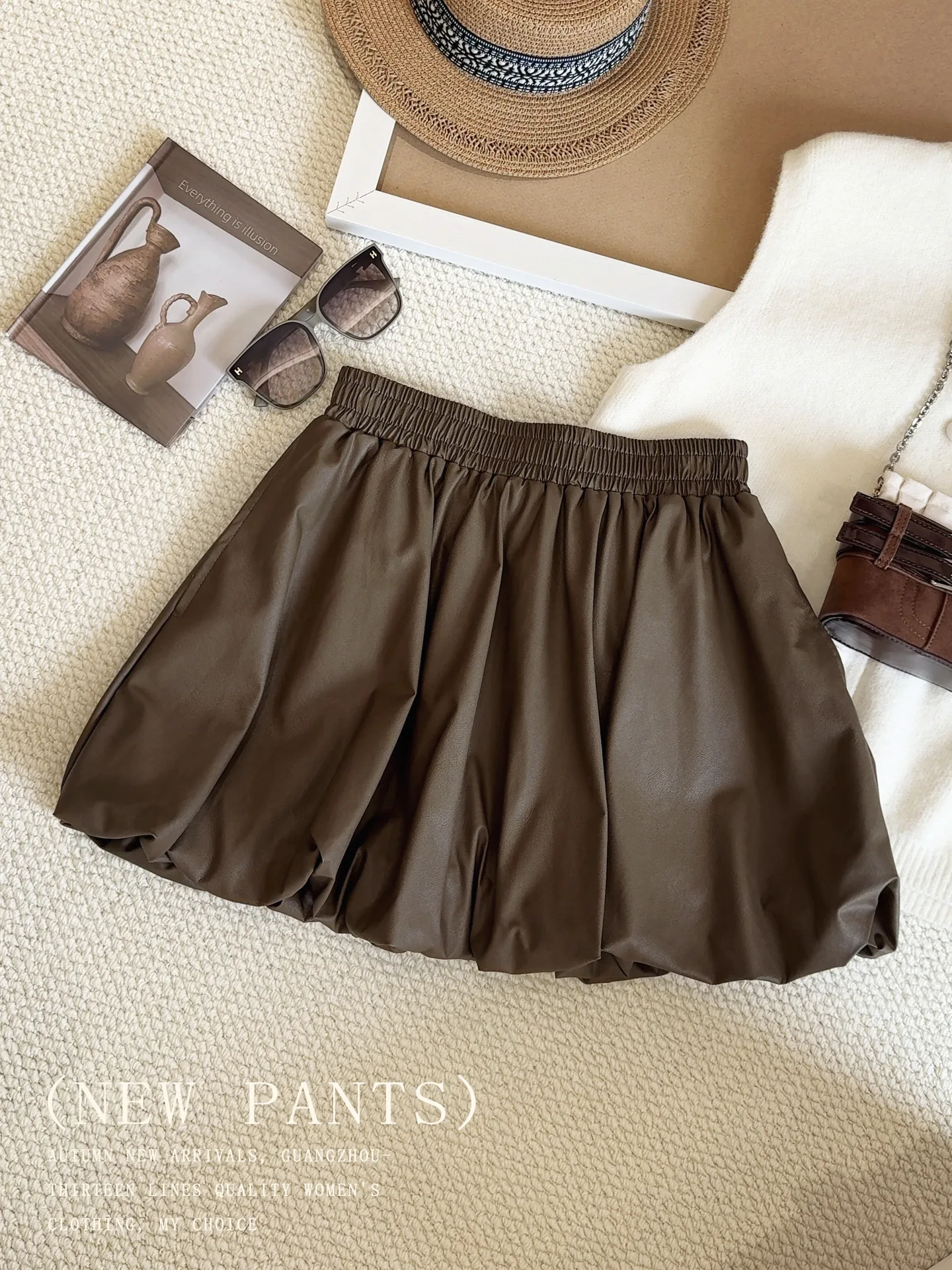 PU leather skirt flower bud short skirt women's half body skirt autumn versatile slimming high waist A-line skirt fluffy skirt