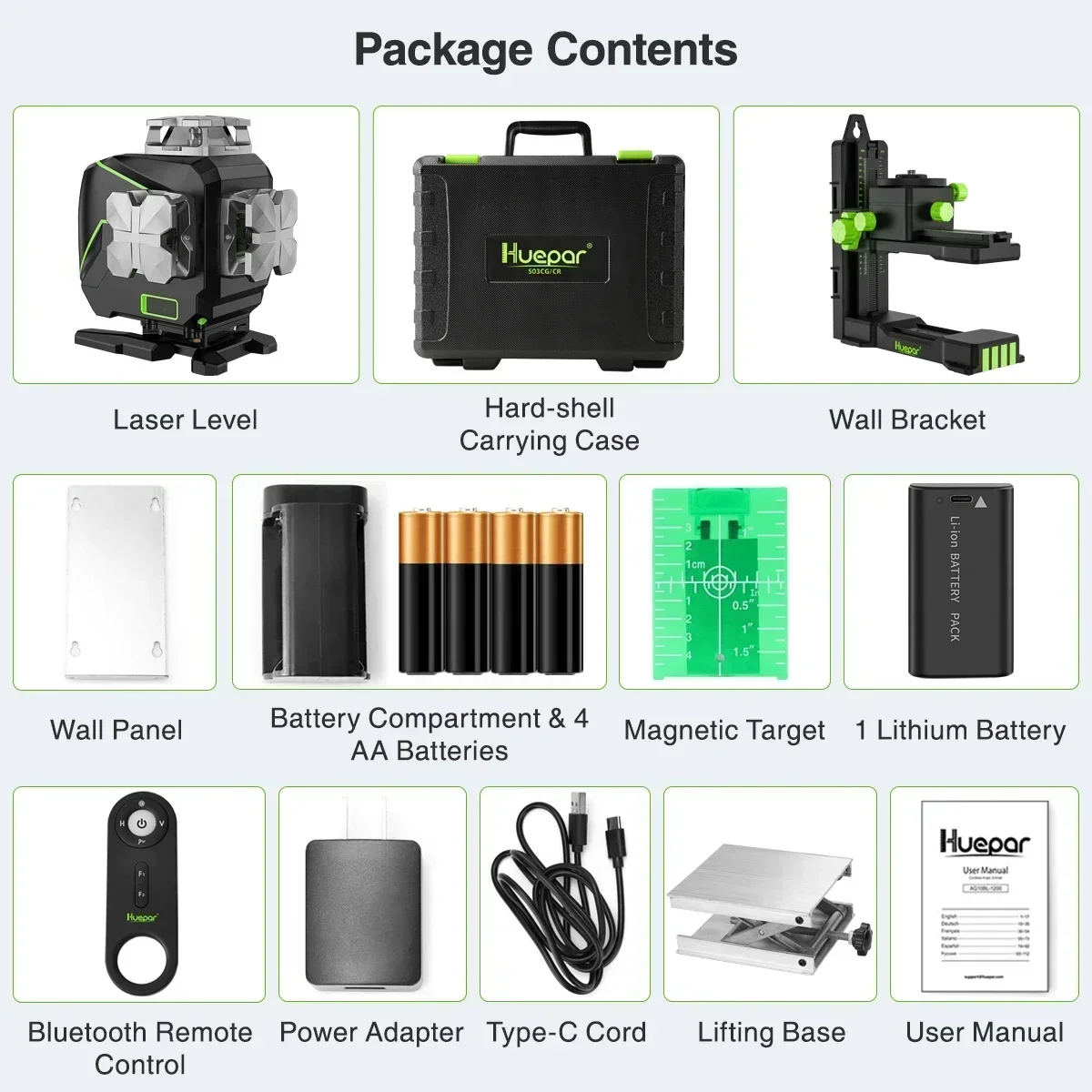 

Excellent Top Quality Huepar S04CG Level 16 Line Horizontal 360 4D Green High-definition LCD Display Remote Control Pulse Mode