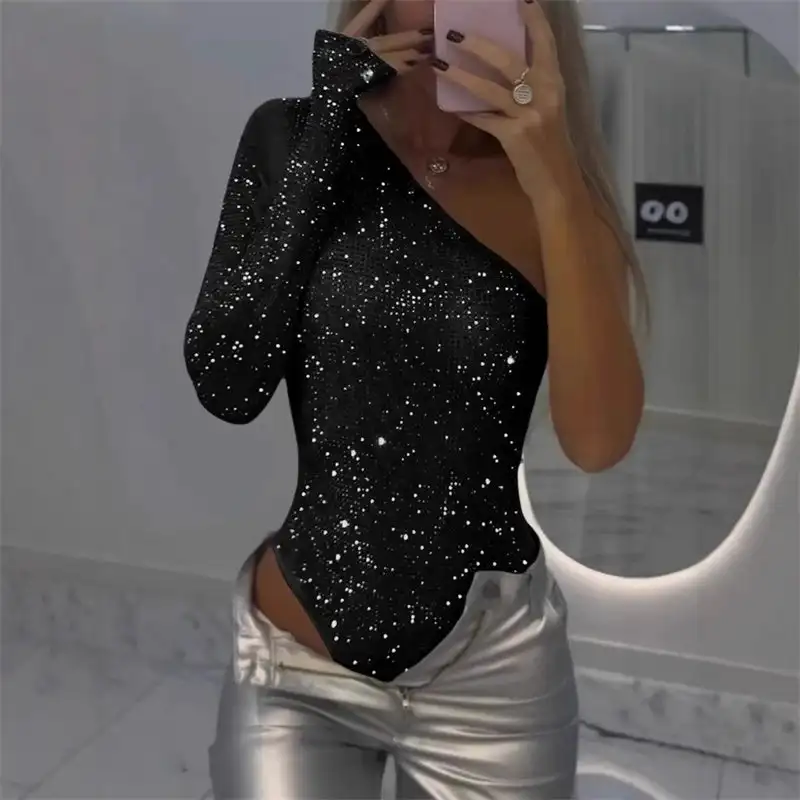 Body da donna con paillettes monospalla Body da donna con paillettes sexy asimmetrico monospalla con strass e paillettes