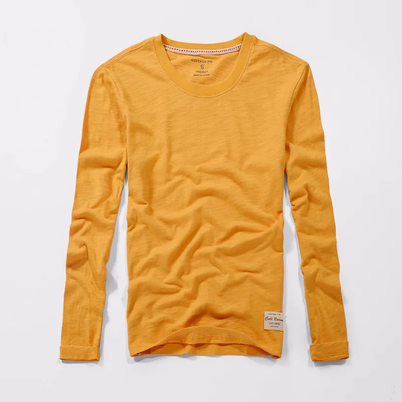 Yellow Casual T Shirt for Men Long Sleeve 100% Pure Cotton Tops O-Neck Slim Fashion Classic Tees Summer Thin Tshirts