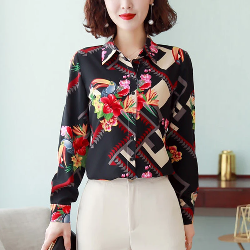 Spring Autumn Women\'s Casual Fashion Floral Printed Shirt Lady Long Sleeve All-match Buttons Top Female Polo-neck Chiffon Blouse