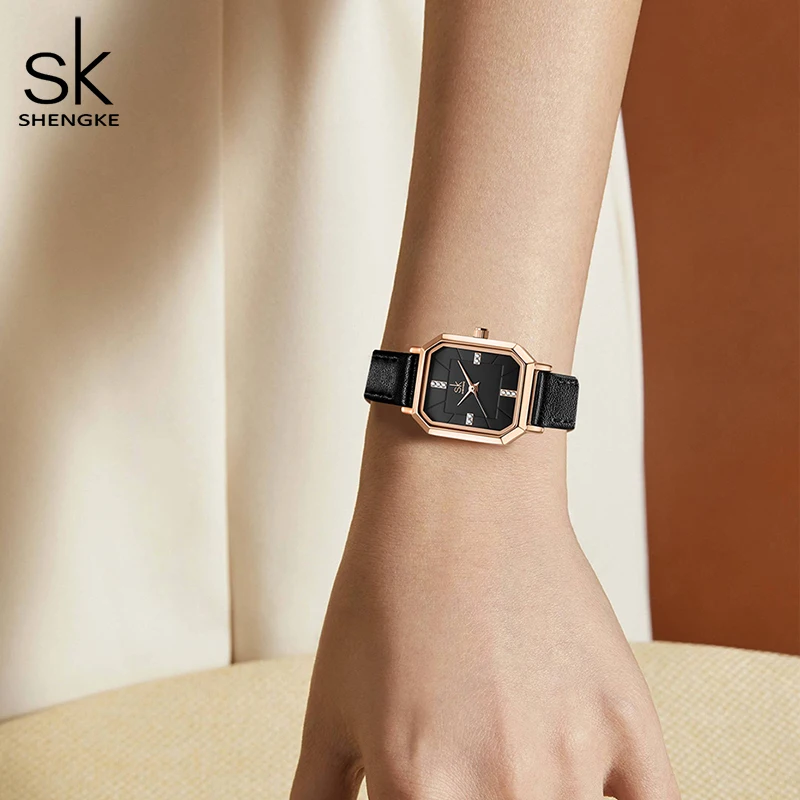 Shengke-relojes de cuarzo con correa de cuero para Mujer, pulsera de lujo, color negro, envío directo