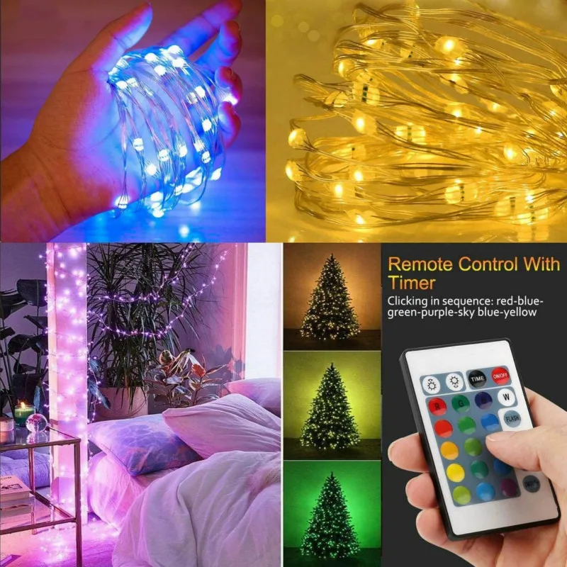 5-20M LED String Lights Christmas Decoration 16-color Remote Control USB Wedding Garland Curtain Copper Wire Lamp Holiday Fairy