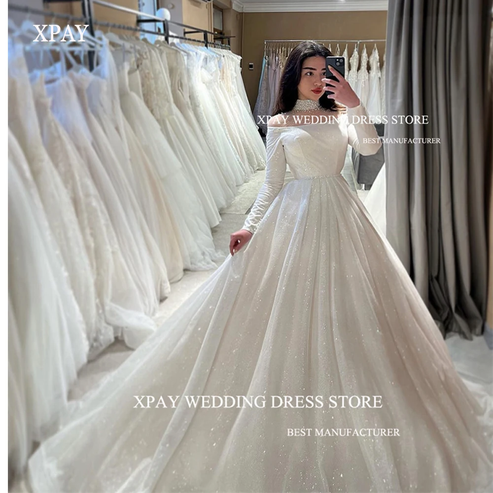 XPAY Sparkly Glitter High Neck Long Sleeves Wedding Dresses Princess Korea A Line Luxury Bride Gowns Church Weddding Gowns