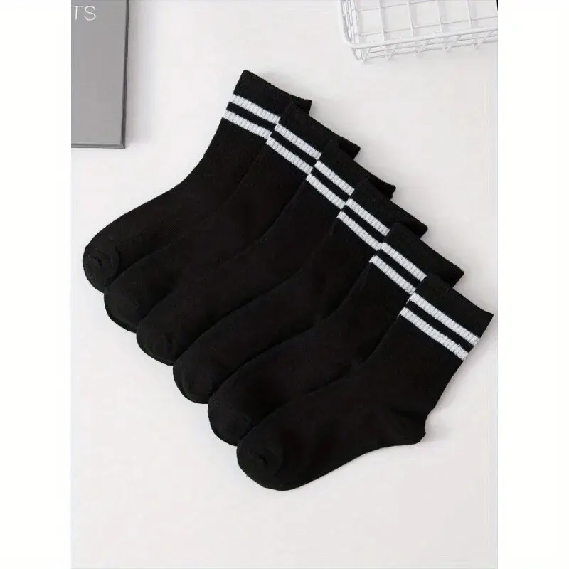 6 Pairs High Tube Mid Length Stockings Set For Men in Solid Black And White With Parallel Bars Popular and Sweat Absorption