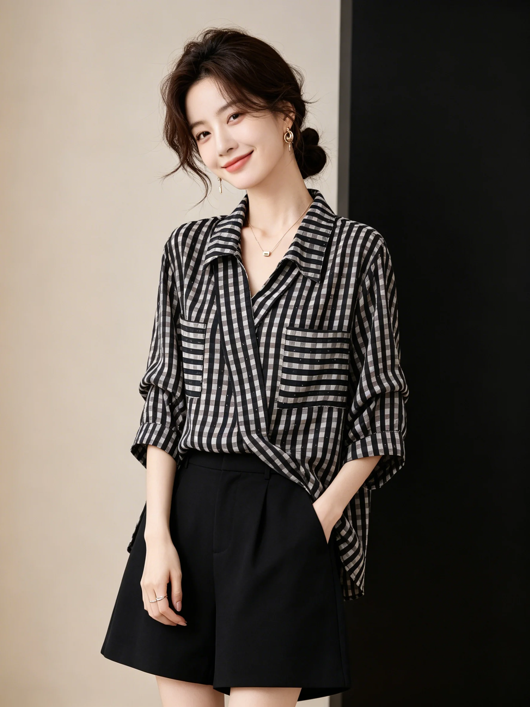Camisa a cuadros Puning para mujer, top de verano súper popular, juvenil, hermoso y a la moda, que cubre el vientre, con manga tres cuartos