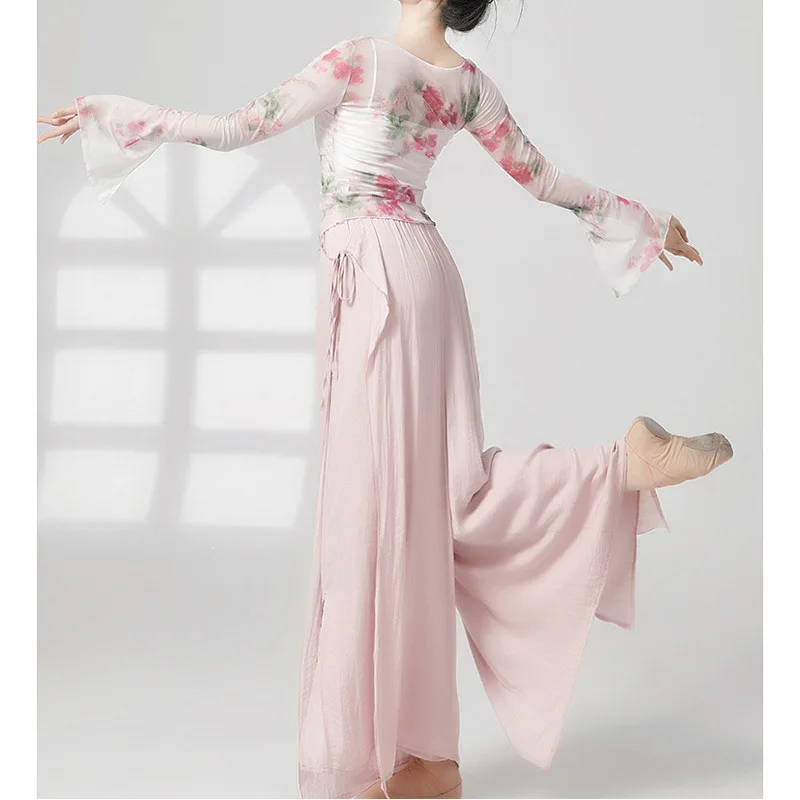 ملابس الرقص الكلاسيكي بأكمام طويلة ملابس شاش مطبوعة ملابس ممارسة الرقص الصيني العرقي ملابس الجسم