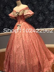 Civil War Era Ball Gown Prom Dresses Old Pink Puffy Gillter Skirt Off Shoulder Historic Costume Evening Occasion Gown