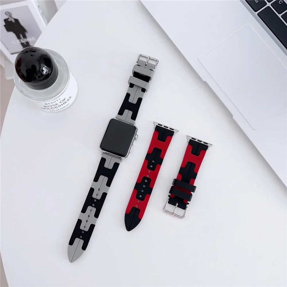 New Fashion Contract Color "H" Rubber Watch Strap for Apple Watch Ultra 2 / 1 (49mm) S9 45mm 44mm 41mm 40mm 42mm Soft Watch Band