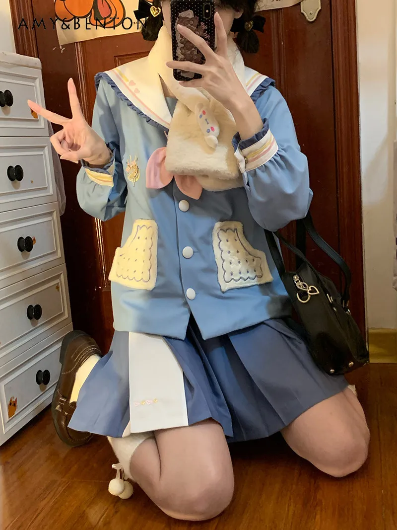 

2026 New Spring Autumn Kawaii Japanese Cartoon Embroidery Long Sleeve Top Blue Pleated Skirt JK Uniform Set for Teen Girls