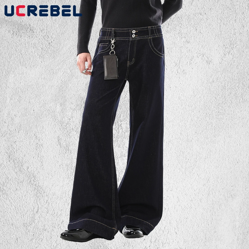

Retro Bootcut Jeans Mens Topstitch Pocket Streetwear Baggy Wide Leg Raw Jeans Man