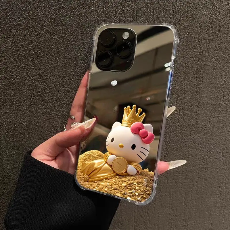 2025 New Sanrio Hello Kitty Ipone 16 Mobile Phone Case Kawaii Anime Cute Mirror Iphone 15 Pro Make Money Mobile Phone Case