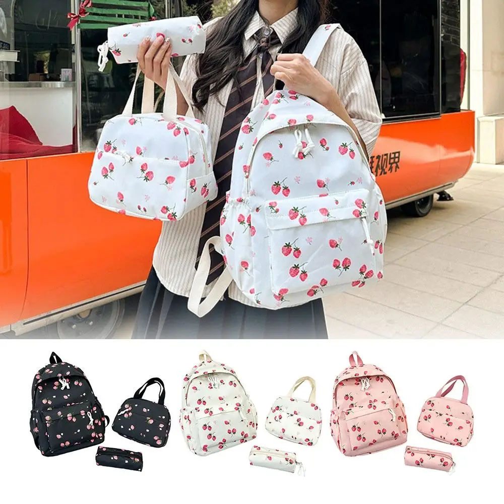 Zaino in tessuto Oxford con fragole Borsa da scuola di grande capacità stile preppy regolabile con borsa per il pranzo e astuccio Zaino da viaggio