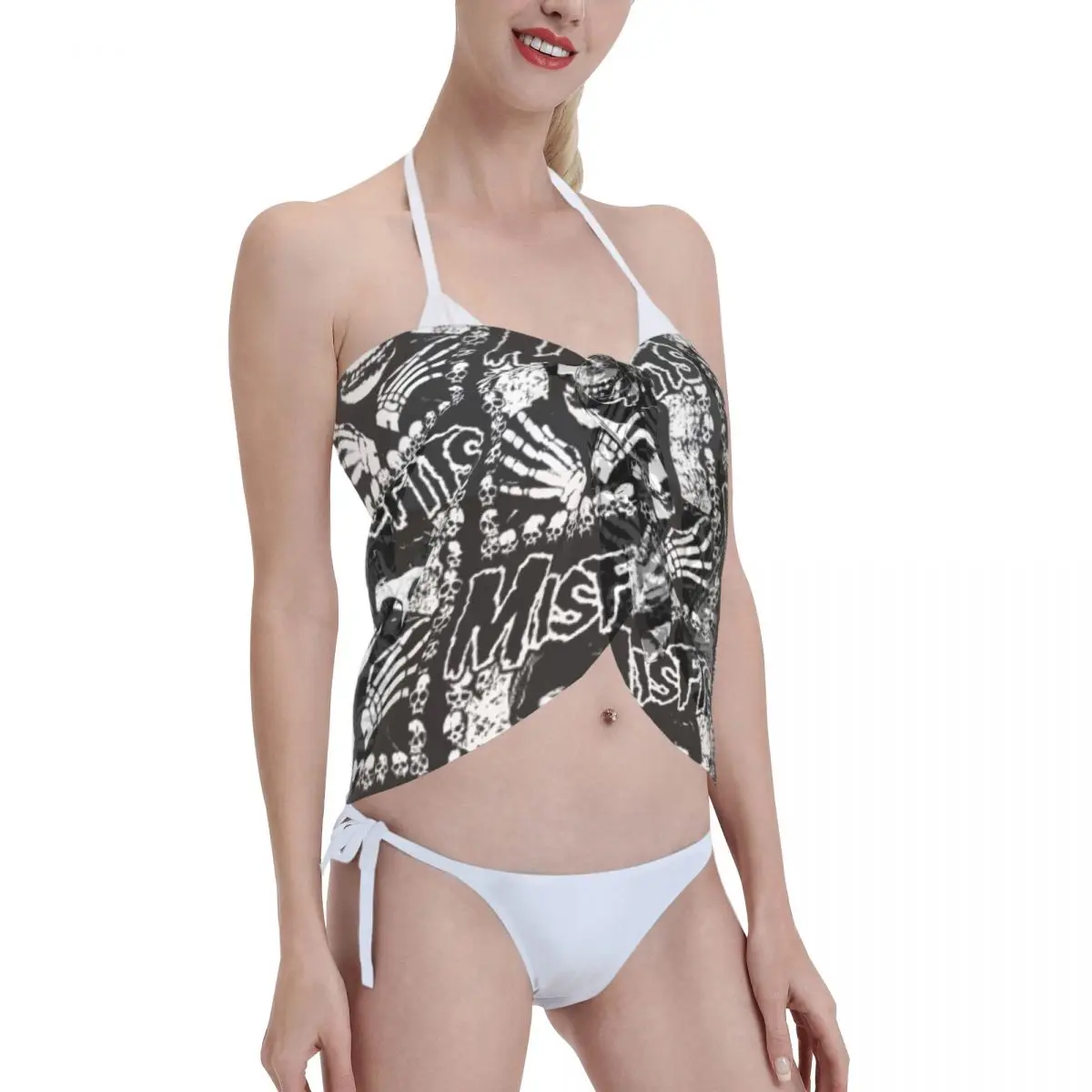 Personalizado M-Misfits Rock Punk Skull pareos cortos traje de baño Vestido de playa Sexy estampado Bikini Wrap Sheer cubrir Sarong Beach Wrap