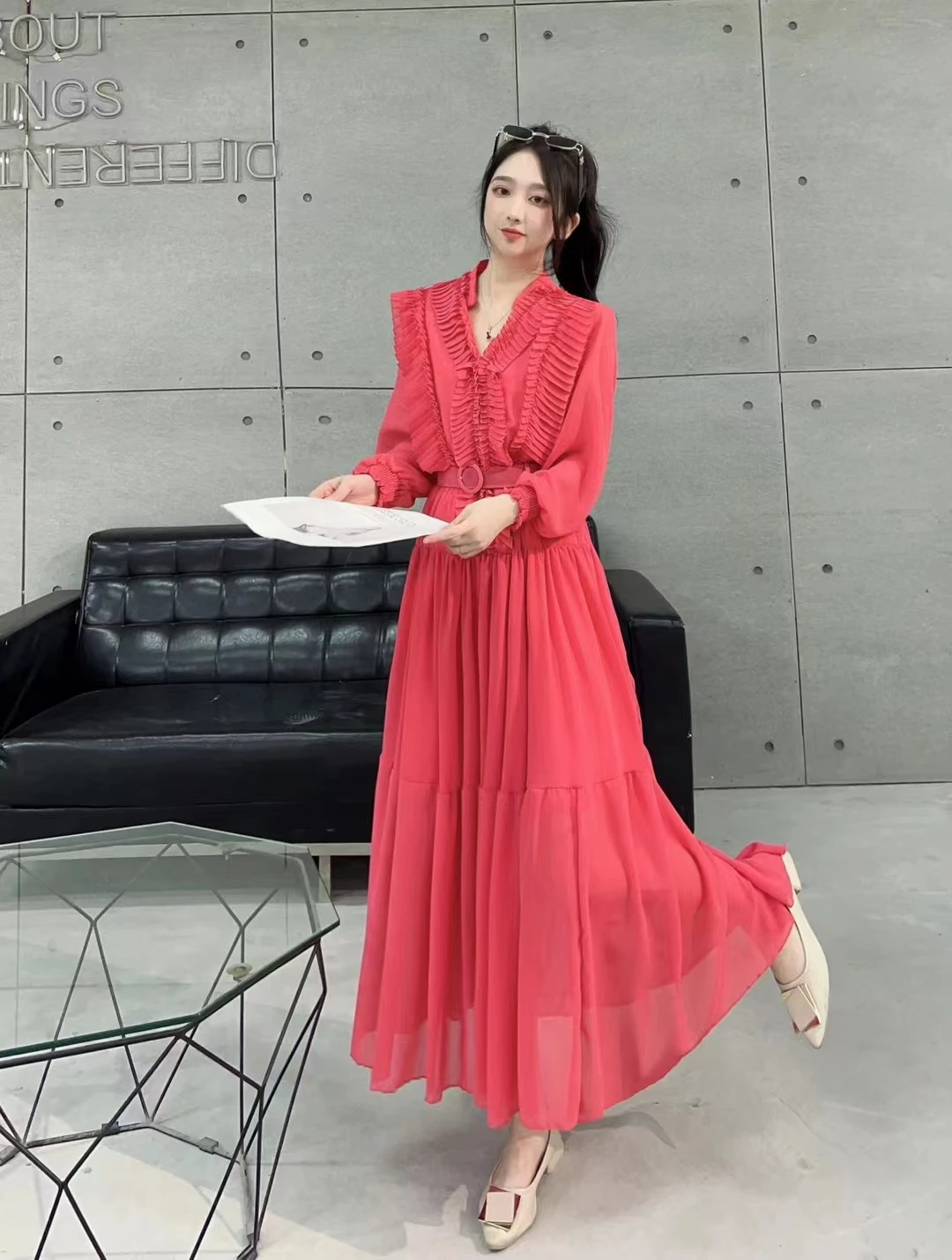 2024 New Spring Autumn Women V-Neck Long Sleeve Belt Slim Long Dress Sweet Pleated Edible Tree Fungus Patchwork Big Hem Dress