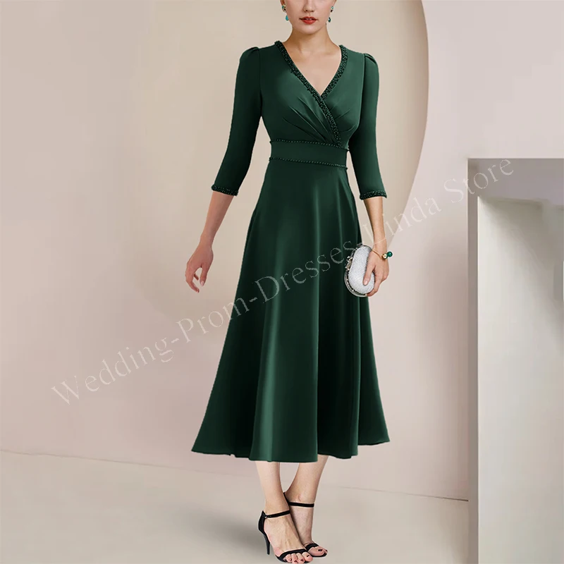 Elegante Mãe da Noiva Vestidos de veludo Beads V-Neck meia manga chá de comprimento Wedding Party Saia para as Mulheres 2023 Evening Gala Vestidos Evangélicos Para Mulher