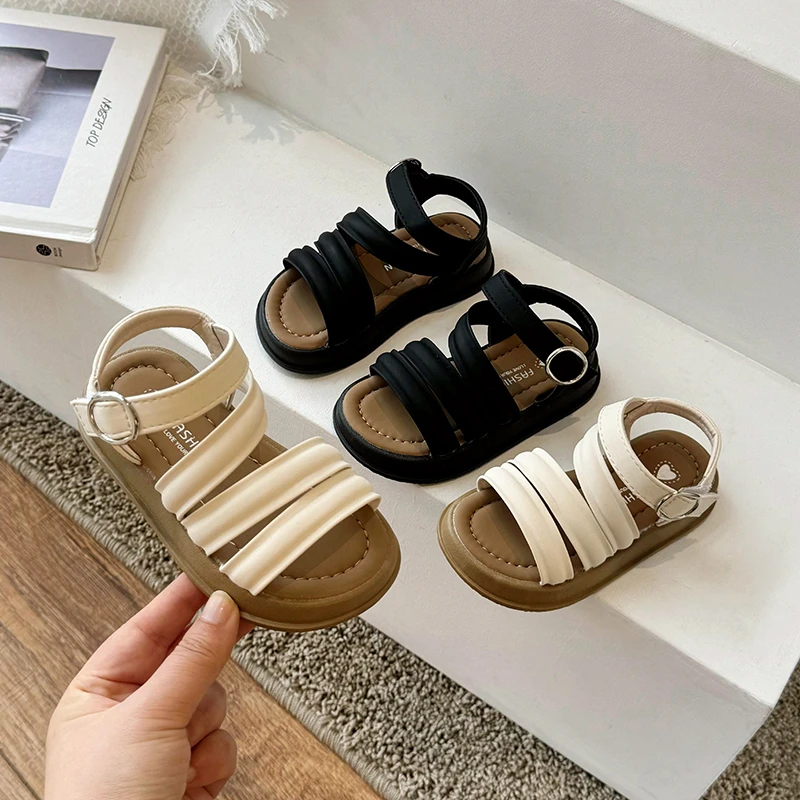 

Детские сандалии в римском стиле, однотонные, повседневные, с открытым носком, лето 2026, новые, для девочек, на мягкой подошве, удобные, на платформе.