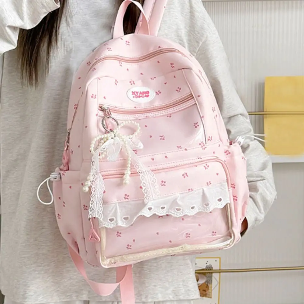 New Lace Trim Student Schoolbag Multiple Pockets Soft Nylon Book Bags Large Capacity Lightweight Casual Daypack For Women Girls