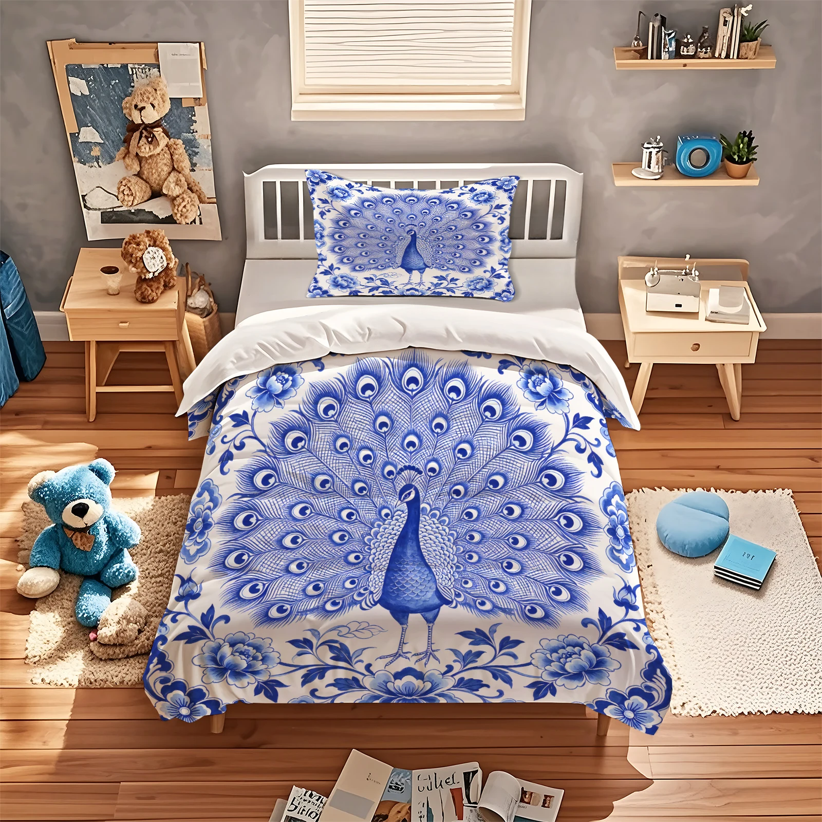 Oriental Blue and White Porcelain Peacock Duvet Cover Set Chinese Style Peony Floral Bedding Set Chinese Traditional Home Decor