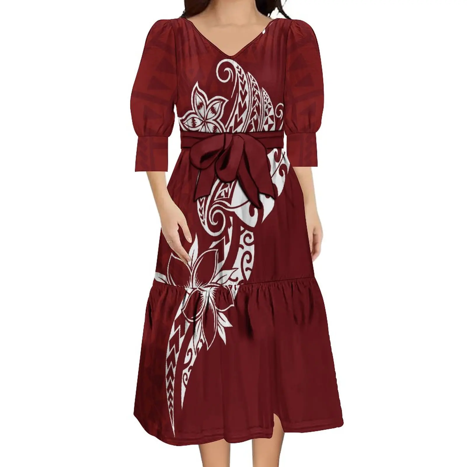 Support Your Design For Women V-Neck Dress Polynesian Tribal Print Midi Strap Mid-Sleeve Dress 6xl image 4