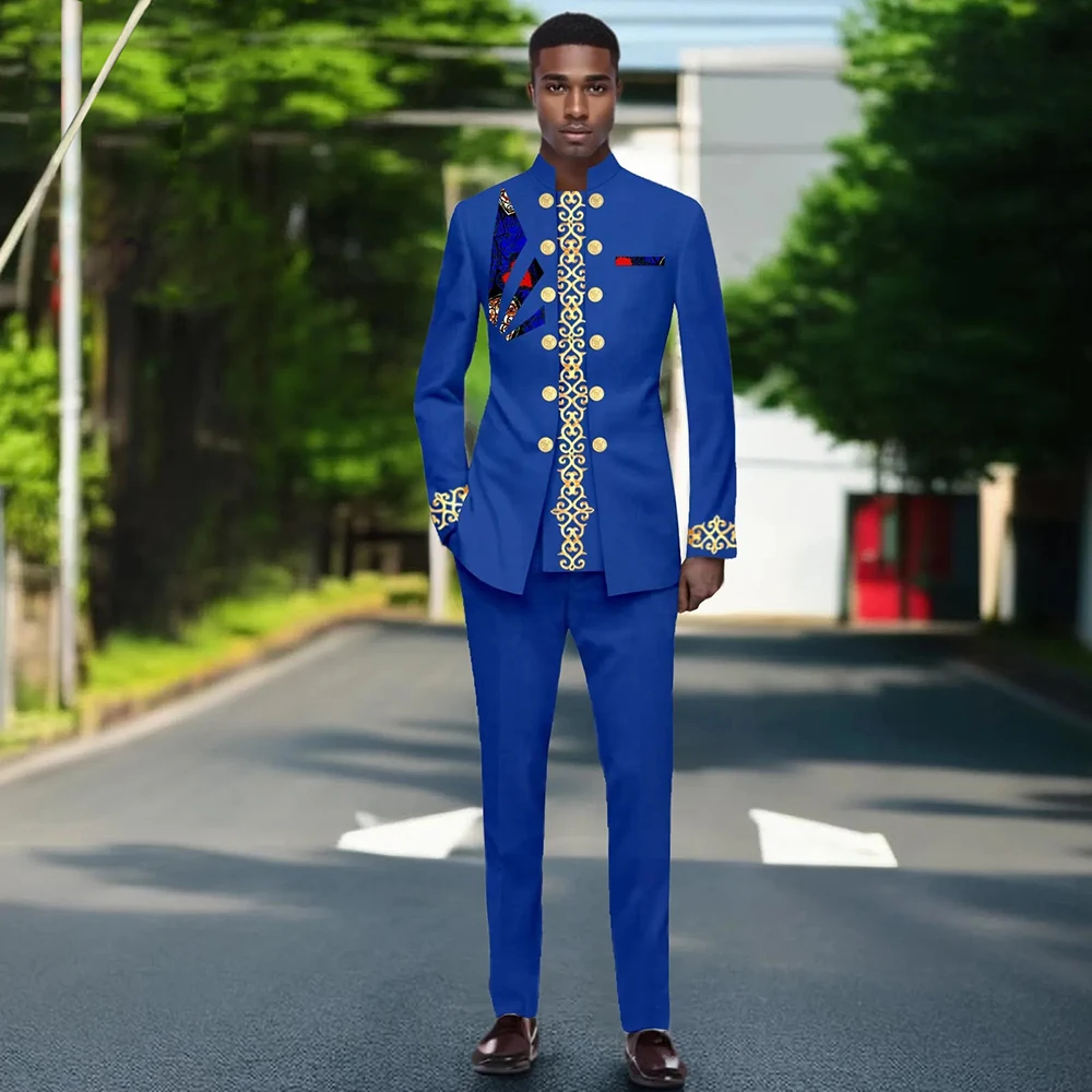 Men`s Suits Slim Fit Double Breasted Embroidery Blazer and Pants 2 Piece Set Traditional Attire African Clothes New