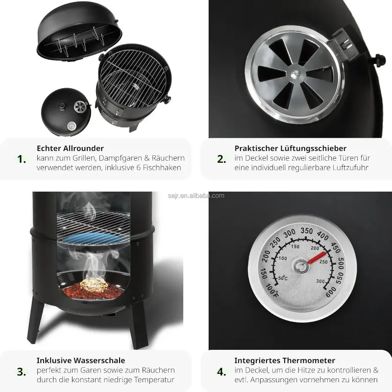 3 in 1 Outdoor BBQ Charcoal Grill, Barbecue, Smoker with Thermometer image 4