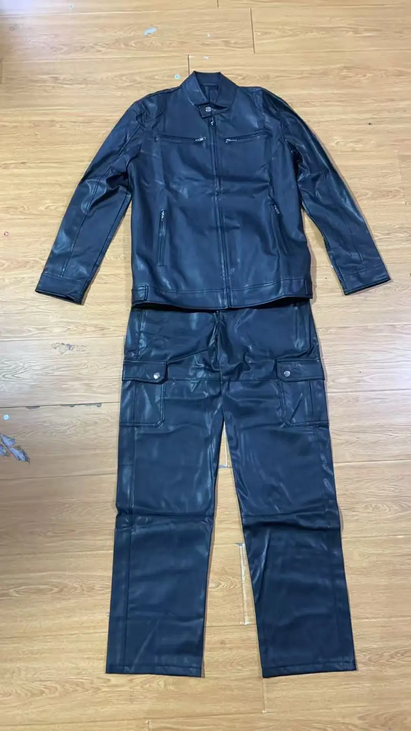 Modische Motorrad-Lederbekleidungs-Sets für Herren, Mehrfachtaschen-Stehkragen-PU-Jacke + Lederhose, 2-teilige Freizeit-Cosplay-Kostüme – Detail 1