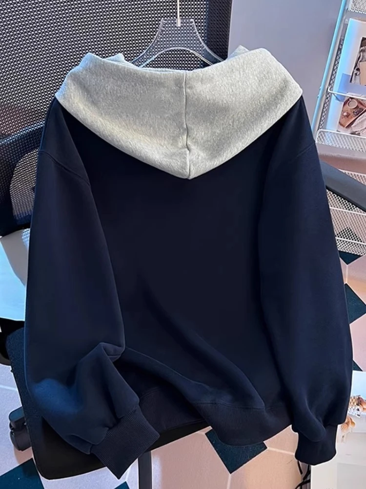 Trendy Korean Style Loose Fit Slimming Single Button Contrast Color Hoodie Women Fall Winter Design Sense Long Sleeve Tops