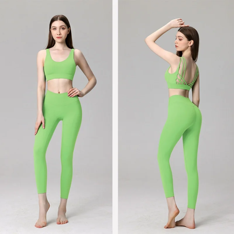 Pure Color Naked Feeling Seamless Women Yoga 2 Pieces  Sexy Tank Tops +High Waist Leggings Workout Fitness Breathable Sets