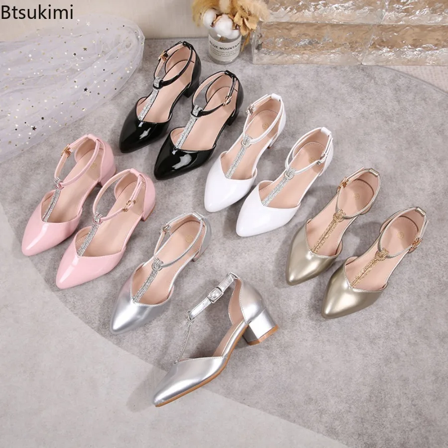 Children's Thick Heel Sandals Summer New Pointed-toe Girls' Crystal Princess Shoes Fashion Solid Color High-heeled Leather Shoes