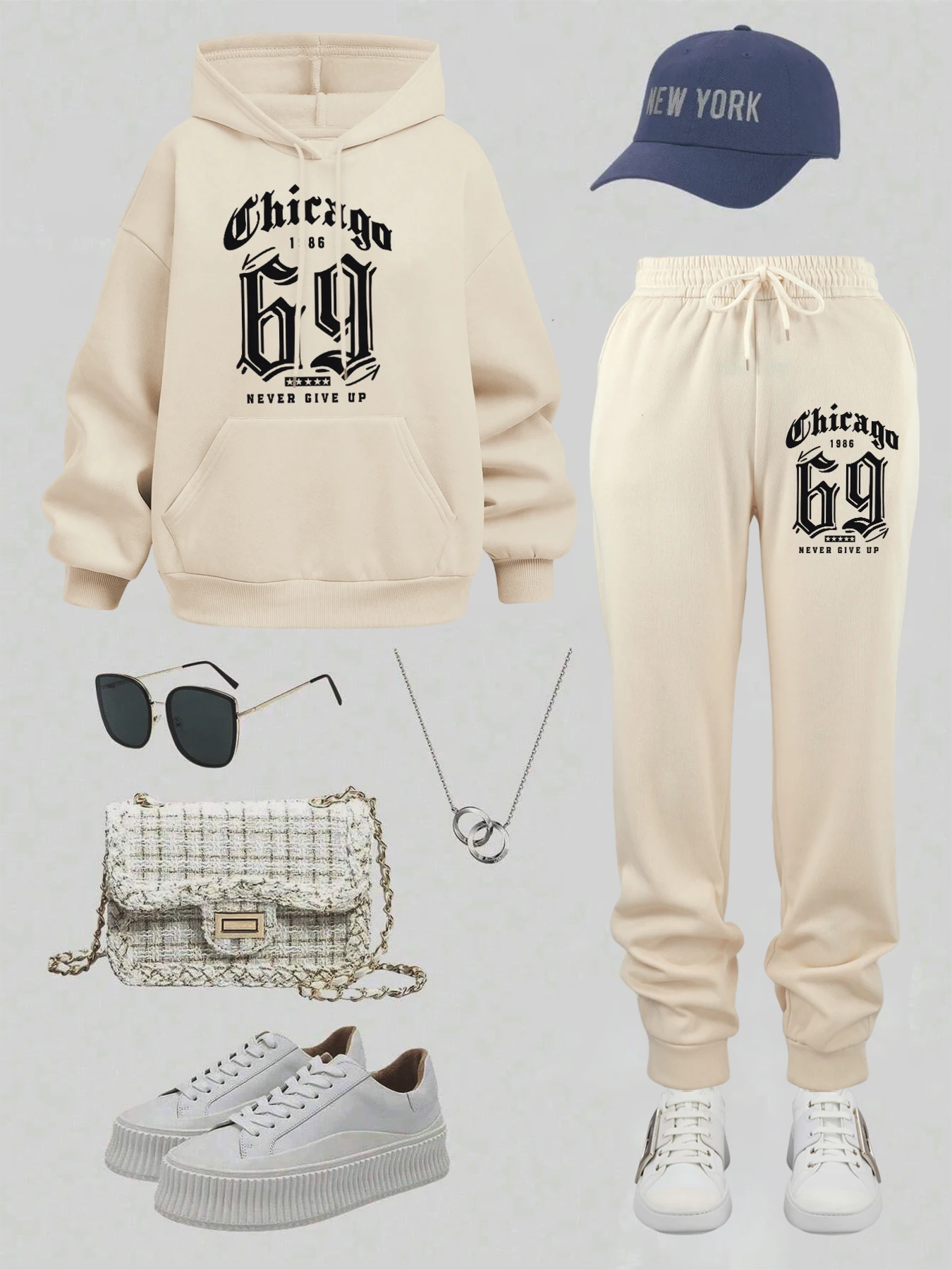 Chicago Never Give Up Stampe Set con cappuccio alla moda Sport Autunno Pullover morbido Comodo pantalone da jogging in pile Tasca per abiti da strada