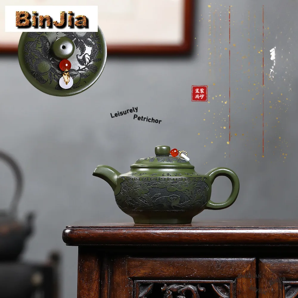 

230 мл высококачественные фиолетовые глиняные чайники Исин ручной работы резные долголетия персики обезьяна горшок сырой руды зеленый грязевой чайник Zisha чайный сервиз