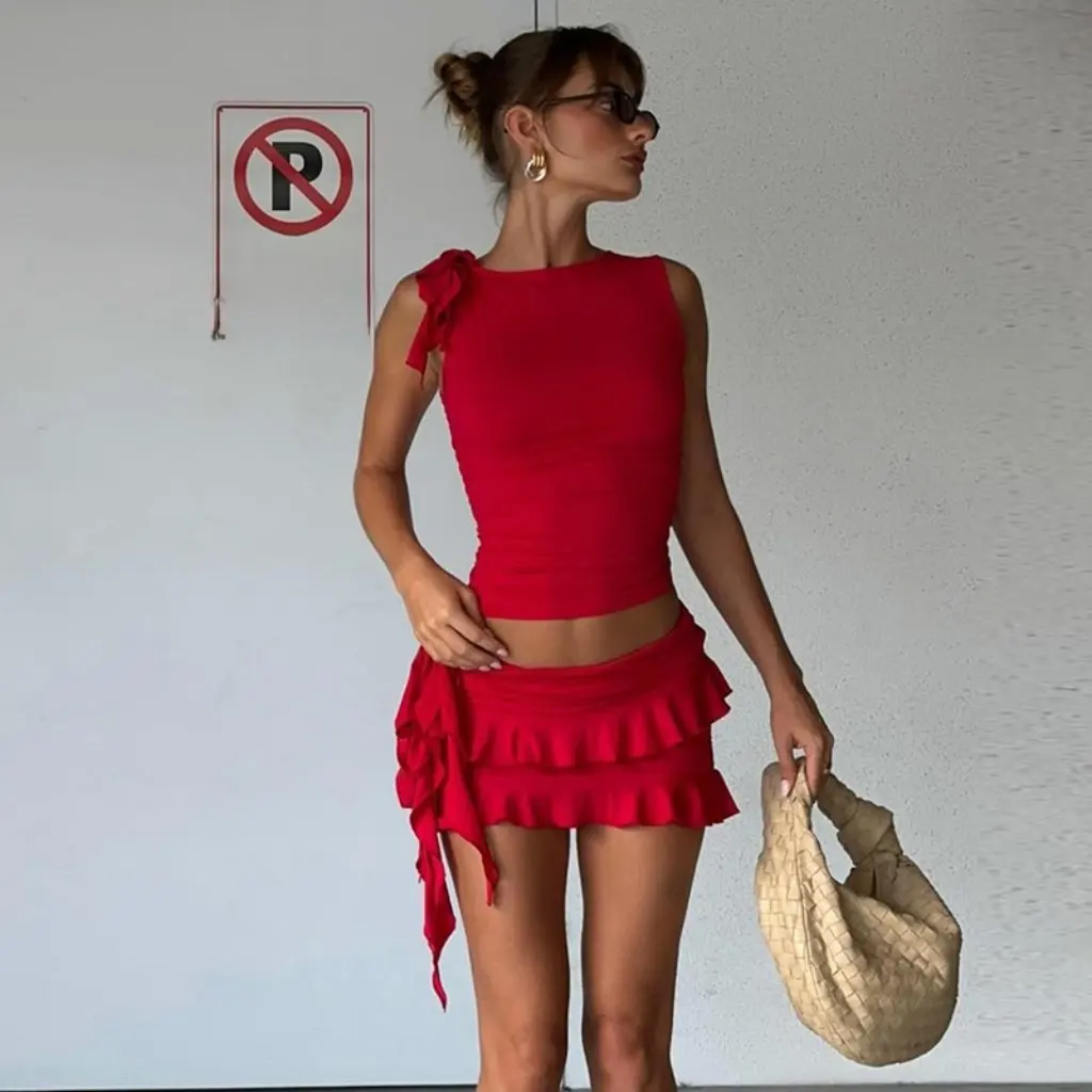 

Весенний женский жилет без рукавов с круглым вырезом и юбкой, костюм в европейском и американском стиле, модный облегающий дизайн с деревянными ушками